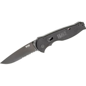 SOG Flash II Assisted Opening Pocket Knife 3.5" Serrated AUS-8 Stainless Steel Drop Point Blade Black GRN Handle Black