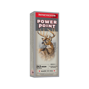 Winchester Power Point 243 Winchester Super Short Magnum (WSSM) Ammo 100 Grain Jacketed Soft Point Case of 200 (10 Boxes of 20)