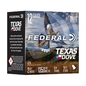 Federal Premium Texas Dove 1350 12 Gauge Ammo 2-3/4 #7-1/2 Lead Shot 1-1/8 Oz Case Of 250 (10 Boxes Of 25) eral Premium Texas Dove 1350 12 Gauge 2-3/4 #7-1/2 Lead Shot 1-1/8 Oz Case Of 250 (10 Boxes Of 25) Ammo
