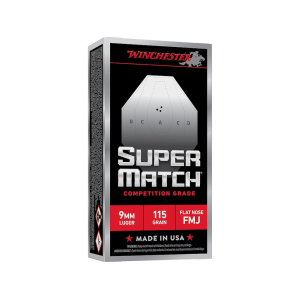 Winchester Super Match 9mm Luger Ammo 115 Grain Full Metal Jacket Flat Nose Box Of 50 chester Super Match 9mm Luger 115 Grain Full Metal Jacket Flat Nose Box Of 50 Ammo