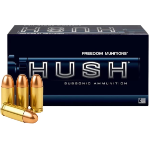 Freedom Munitions Hush Subsonic 9mm Luger Ammo 165 Grain Full Metal Jacket Box Of 50 edom Munitions Hush Subsonic 9mm Luger 165 Grain Full Metal Jacket Box Of 50 Ammo