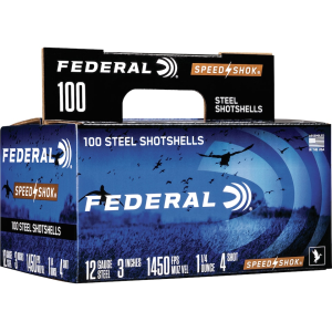 Federal Speed-Shok Waterfowl 12 Gauge Ammo 3 #4 Steel Shot 1-1/4 Oz Case Of 200 (2 Boxes Of 100) eral Speed-Shok Waterfowl 12 Gauge 3 #4 Steel Shot 1-1/4 Oz Case Of 200 (2 Boxes Of 100) Ammo