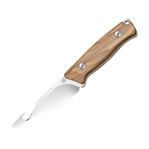 Fox Knives Rifle Ejector Fixed Blade Knife 4.37" Drop Point with Gut Hook BECUT Satin Blade Olive Wood Handle Wood - Fox Knives