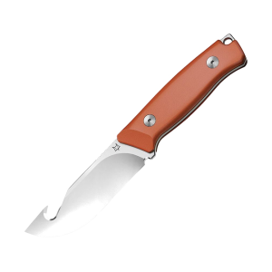 Fox Knives Rifle Ejector Fixed Blade Knife 4.37" Drop Point with Gut Hook BECUT Stonewashed Blade G-10 Handle Orange - Fox Knives
