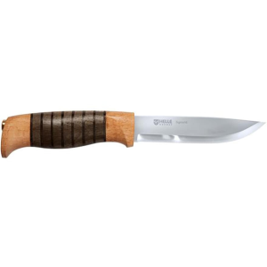 Helle Sigmund Fixed Blade Knife 4.21" Straightback Laminated Satin Blade Beech, Leather and Dark Oak Handle Brown - Helle