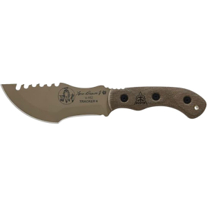 TOPS Knives Tom Brown Mini Tracker #4 Fixed Blade Knife 3.75" Drop Point 1095 Coyote Tan Blade Canvas Micarta Handle Green - Tops Knives