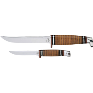 Case Twin Finn Fixed Blade Knife Set Clip Point Stainless Steel Blades Brown Leather Handles - Case