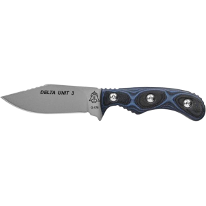 TOPS Knives Delta Unit 3 Fixed Blade Knife 3" Clip Point 1095 Tactical Gray Blade G-10 Handle Black/Blue - Tops Knives