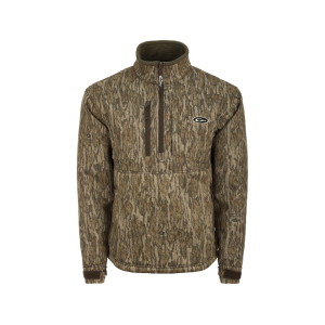 DRAKE Men's MST Hole Shot Windproof Eqwader Hooded Quarter Zip Jacket Mossy Oak Bottomland Large