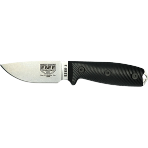 ESEE Knives ESEE-3 3D Fixed Blade Knife 3.875" Drop Point CPM S35VN Stonewashed Blade G-10 Handle Black - Esee Knives