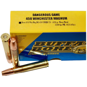 Buffalo Bore Dangerous Game 458 Winchester Magnum Ammo 450 Grain Lehigh Solid Wide Flat Nose Lead Free Box of 20