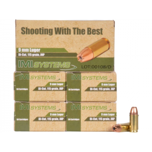  9mm Luger 115 Grain Jacketed Hollow Point Box Of 250 (5 Boxes Of 50) Ammo