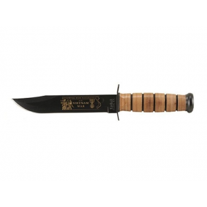 KA-BAR Vietnam USMC Fixed Blade Knife 7" Clip Point 1095 Cro-Van Black Powder Coat Blade Stacked Leather Handle Black/Brown - Ka-Bar