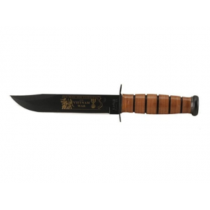 KA-BAR Vietnam U.S. Army Fixed Blade Knife 7" Clip Point 1095 Cro-Van Black Powder Coat Blade Stacked Leather Handle Black/Brown - Ka-Bar