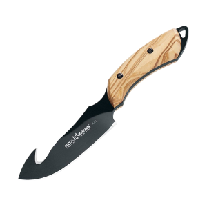 Fox Knives Eurpoean Hunter Fixed Blade Knife 3.35" Drop Point with Gut Hook N690 Black Blade Olive Wood Handle Wood - Fox Knives