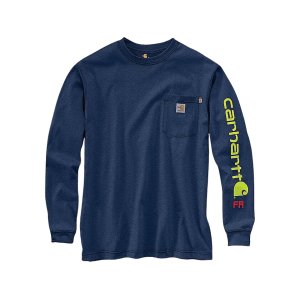CARHARTT Men's FR Force Relaxed Fit Lightweight Logo Graphic Long Sleeve Crew Neck T Shirt Dark Blue Heather Large Tall