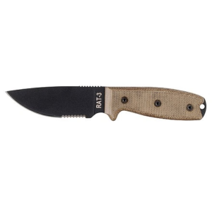 Ontario RAT-3 Fixed Blade Knife 3.5" Serrated Drop Point 1095 Black Carbon Steel Blade Micarta Handle Green - Ontario