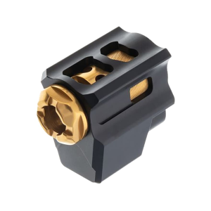 Tyrant Designs T-COMP Pistol Compensator for Glock 17, 19, 19X, 26, 34 Gen 4 9mm Luger 1/2-28 Thread Aluminum Black Gold - Tyrant Designs