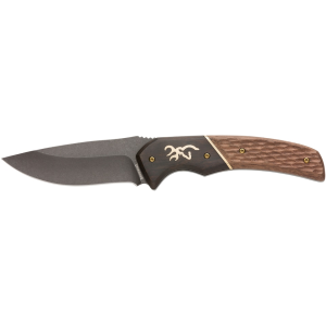 Browning Large Drop Point Hunter Fixed Blade Knife 3.625" Drop Point 440C Stonewashed Black Oxide Blade Wood Handle - Browning