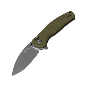 Kizer Mini Grouper Button Lock Pocket Knife 3.1" Drop Point Nitro-V Gray Stonewashed Blade G-10 Handle OD Green - Kizer