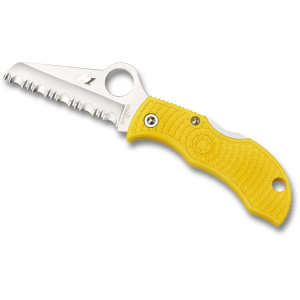 Spyderco Manbug Rescue Salt Pocket Knife 1.9" Fully Serrated Sheepsfoot H-2 Satin Blade Fiberglass Reinforced Nylon (FRN) Handle Yellow - Spyderco