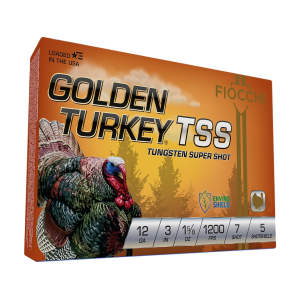 Fiocchi Golden Turkey TSS 12 Gauge Ammo 3 #7 Tungsten Shot 1-5/8 Oz Box Of 5 cchi Golden Turkey TSS 12 Gauge 3 #7 Tungsten Shot 1-5/8 Oz Box Of 5 Ammo