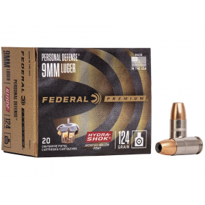 eral Premium Personal Defense 9mm Luger 124 Grain Hydra-Shok Hollow Point Jacketed Hollow Point Case Of 500 (25 Boxes Of 20) Ammo