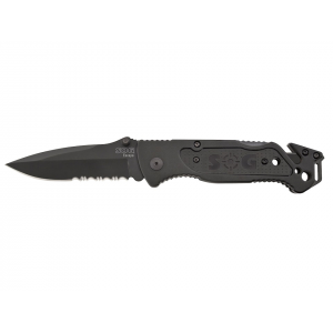 SOG Escape Pocket Knife 3.4" Partially Serrated Spear Point Black 9Cr18MoV Stainless Steel Blade Black Anodized Aluminum Handle