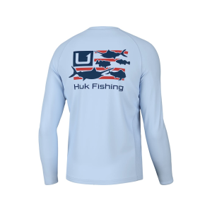Huk Men's Trophy Flag Pursit Long Sleeve Crew Neck T Shirt Ice Water Medium - Huk
