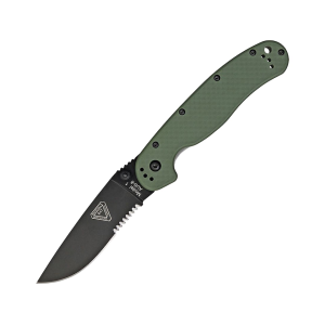 Ontario RAT 1 Pocket Knife 3.6" Partially Serrated Drop Point AUS-8 Black Blade Nylon Handle OD Green - Ontario
