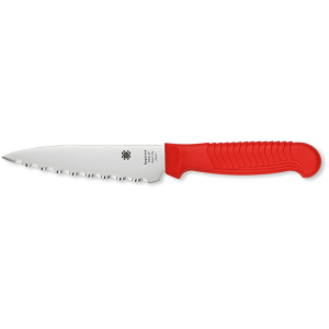 Spyderco Kitchen Utility Knife 4.5" Fully Serrated Clip Point MBS-26 Stainless Satin Blade Fiberglass Reinforced Nylon (FRN) Handle Red - Spyderco