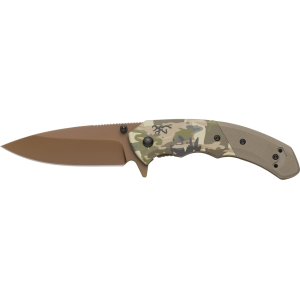 Browning Auric Assisted Opening Pocket Knife 3.375" Drop Point D2 Tan Blade G-10 and Aluminum Handle Camo - Browning