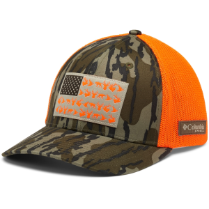 COLUMBIA Mens PHG Camo Mesh Hat Large/XL Mossy Oak Bottomland/Blaze Game Flag