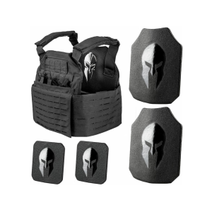 Spartan Armor Achilles Plate Carrier with AR550 Body Armor Ballistic Plate III+ Single Curve Base Coat with Side Plates Black - Spartan Armor