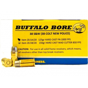 BUFFALO Bore 38 S&w Ammo 125 Grain Hard Cast Lead Flat Nose Box Of 20