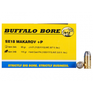 BUFFALO Bore 9x18mm (9mm Makarov) Ammo 115 Grain Flat Nose Box Of 20