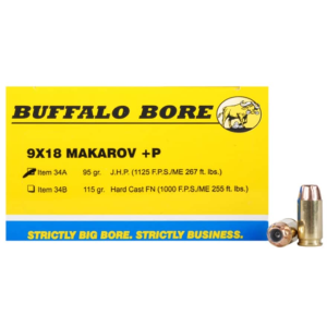 BUFFALO Bore 9x18mm (9mm Makarov) Ammo 95 Grain Jacketed Hollow Point Box Of 20