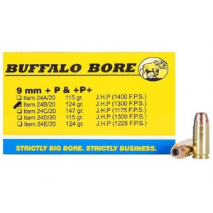 BUFFALO Bore 9mm Luger +p+ Ammo 124 Grain Jacketed Hollow Point Box Of 20