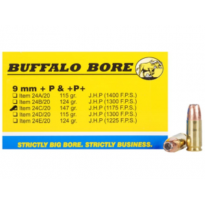 BUFFALO Bore 9mm Luger +p+ Ammo 147 Grain Jacketed Hollow Point Box Of 20