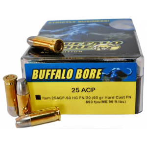 BUFFALO Bore Heavy 25 Acp Ammo 60 Grain Flat Nose Box Of 20 651815000268 654208