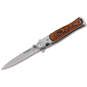 Boker Knives Stiletto Pocket Knife 3.27" Dagger 440A Satin Blade Pakka Wood Handle Brown - Boker Knives