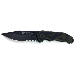 Smith & Wesson 1100058 Assisted Opening Pocket Knife 3.5" Partially Serrated Clip Point 8Cr13MoV Black Blade Aluminum/Rubber Handle OD Green/ Black - Smith & Wesson