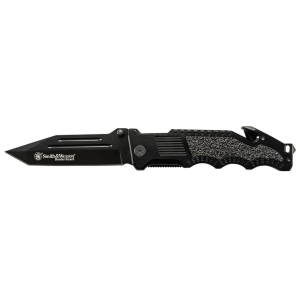 Smith & Wesson Border Guard Pocket Knife 4.4" Black Tanto Point 7Cr17MoV High Carbon Stainless Steel Blade Aluminum Tracker Tech Handle Black - Smith & Wesson