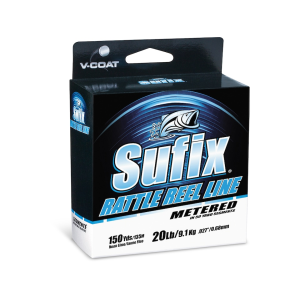 SUFIX Rattle Reel Metered V-Coat Ice Fishing Line 30lb 150yd Neon Fire