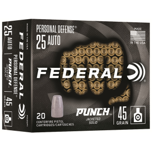 FEDERAL Personal Defense Punch 25 Acp Ammo 45 Grain Solid Flat Nose Box Of 20