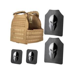 Spartan Armor Legion XL Plate Carrier with AR500 Body Armor Ballistic Plate III+ Single Curve Base Coat with Side Plates Coyote Brown - Spartan Armor