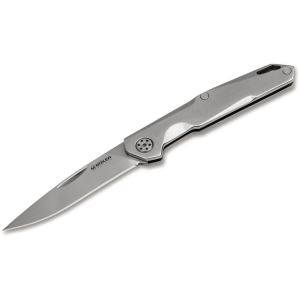 Boker Knives Shiny EDC Pocket Knife 2.36" Drop Point 8Cr13MoV Satin Blade Stainless Steel Handle Silver - Boker Knives