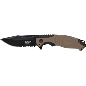 Smith & Wesson M&P SWMP13 Pocket Knife 3.5" Partially Serrated Clip Point 8Cr13MoV Black Blade Aluminum/Rubber Handle Brown - Smith & Wesson