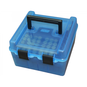 MTM Deluxe Flip Top Ammo Box with Handle 22-250 Remington to 375 H&H Magnum 100-Round Plastic Clear Blue - Mtm