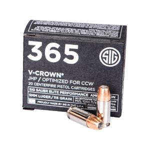  Sauer 365 Elite Performance 9mm Luger 115 Grain Sig V-Crown Jacketed Hollow Point Box Of 20 Ammo